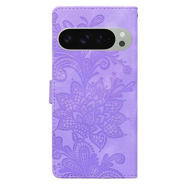 For Google Pixel 9 Pro XL Lace Floral Embossed Magnetic Buckle PU Phone Case With Wrist Strap
