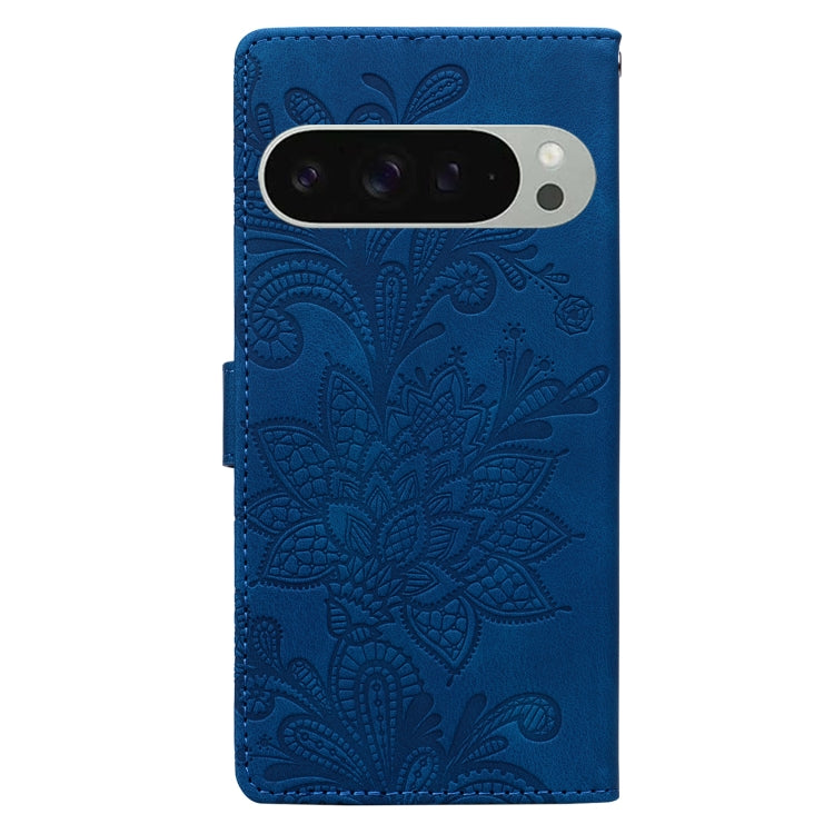 For Google Pixel 9 Pro XL Lace Floral Embossed Magnetic Buckle PU Phone Case With Wrist Strap