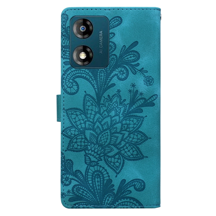 For Motorola Moto E13 Lace Floral Embossed Magnetic Buckle PU Phone Case With Wrist Strap