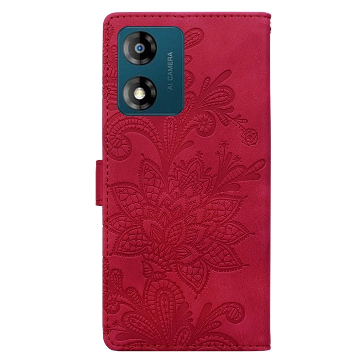 For Motorola Moto E13 Lace Floral Embossed Magnetic Buckle PU Phone Case With Wrist Strap