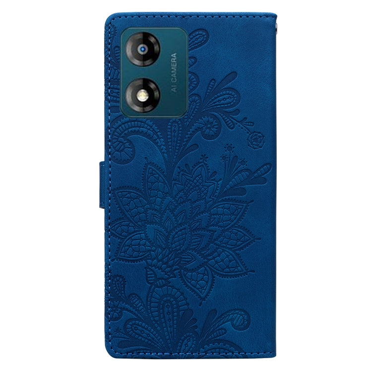 For Motorola Moto E13 Lace Floral Embossed Magnetic Buckle PU Phone Case With Wrist Strap