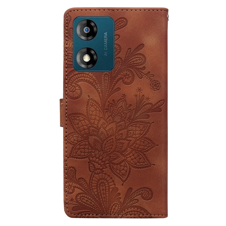 For Motorola Moto E13 Lace Floral Embossed Magnetic Buckle PU Phone Case With Wrist Strap