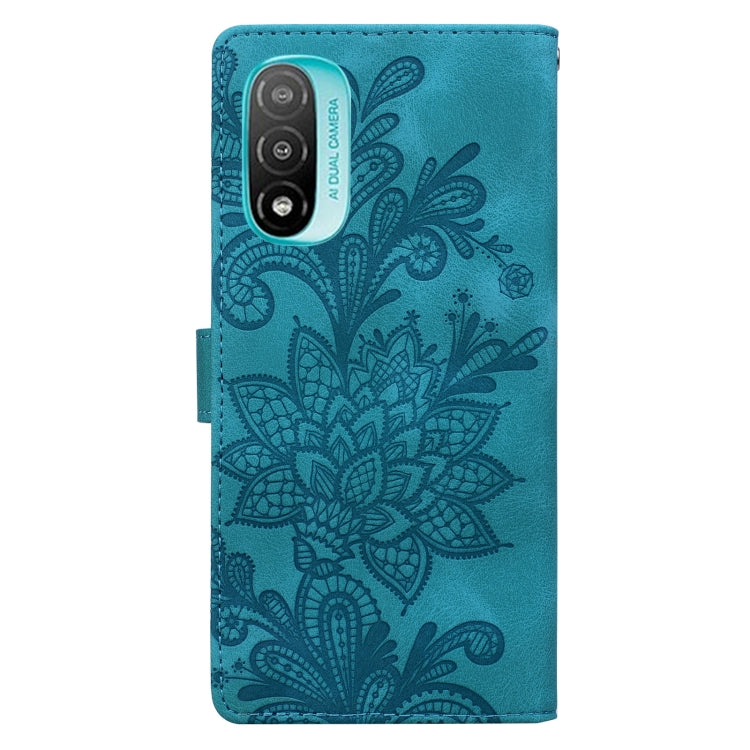 For Motorola Moto E20 Lace Floral Embossed Magnetic Buckle PU Phone Case With Wrist Strap