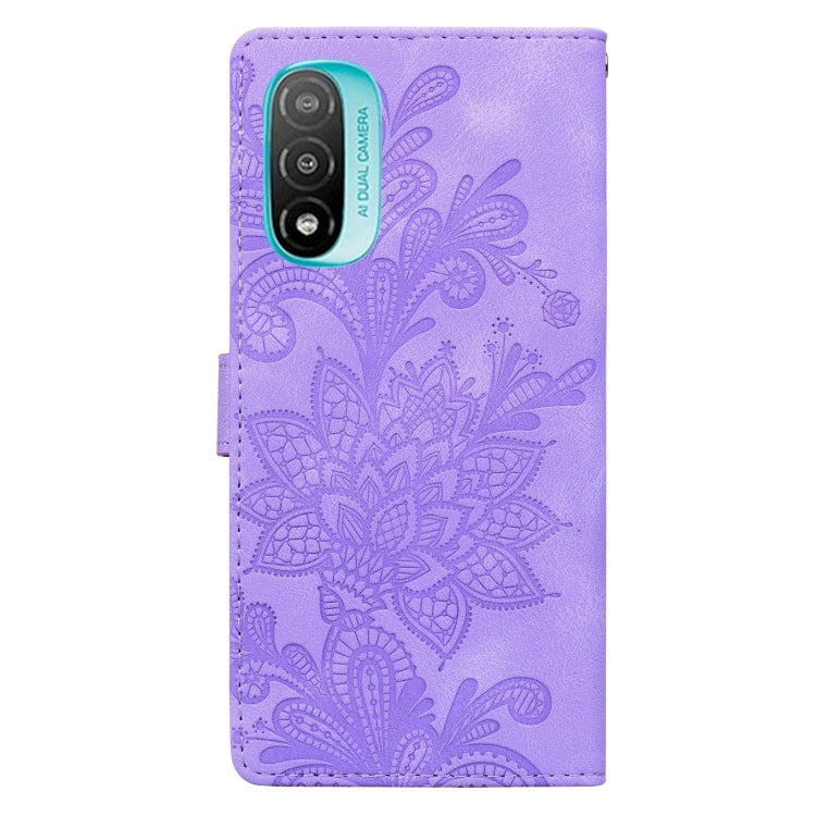 For Motorola Moto E20 Lace Floral Embossed Magnetic Buckle PU Phone Case With Wrist Strap