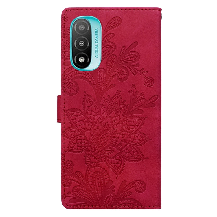 For Motorola Moto E20 Lace Floral Embossed Magnetic Buckle PU Phone Case With Wrist Strap