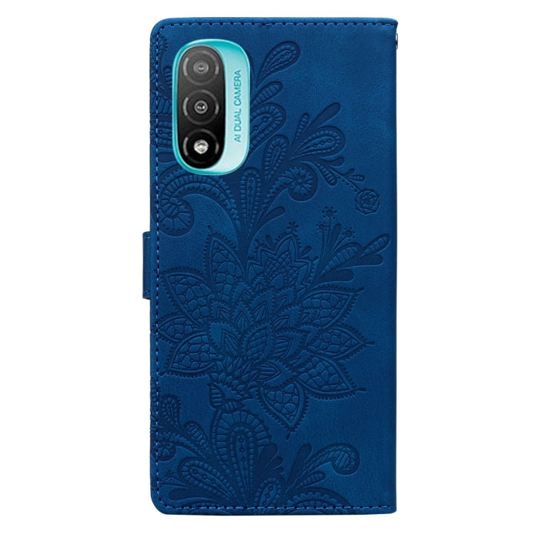 For Motorola Moto E20 Lace Floral Embossed Magnetic Buckle PU Phone Case With Wrist Strap