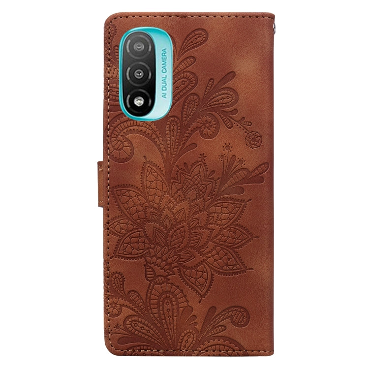 For Motorola Moto E20 Lace Floral Embossed Magnetic Buckle PU Phone Case With Wrist Strap