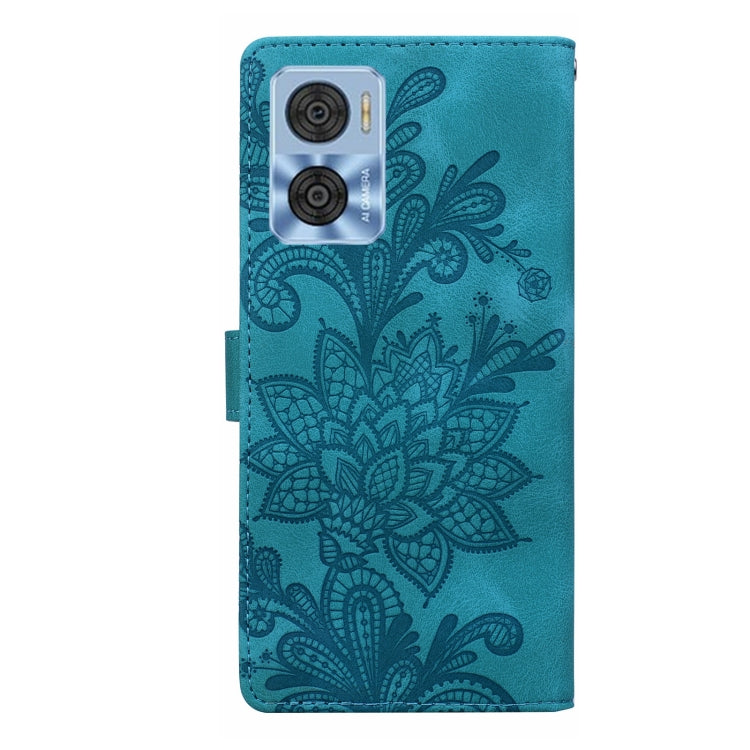 For Motorola Moto E22 / E22i Lace Floral Embossed Magnetic Buckle PU Phone Case With Wrist Strap