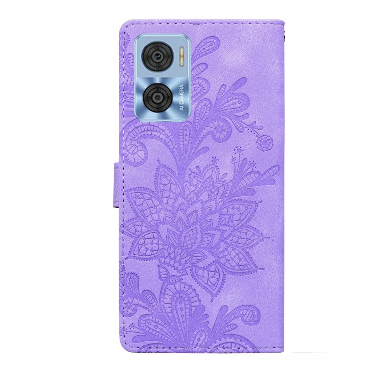 For Motorola Moto E22 / E22i Lace Floral Embossed Magnetic Buckle PU Phone Case With Wrist Strap