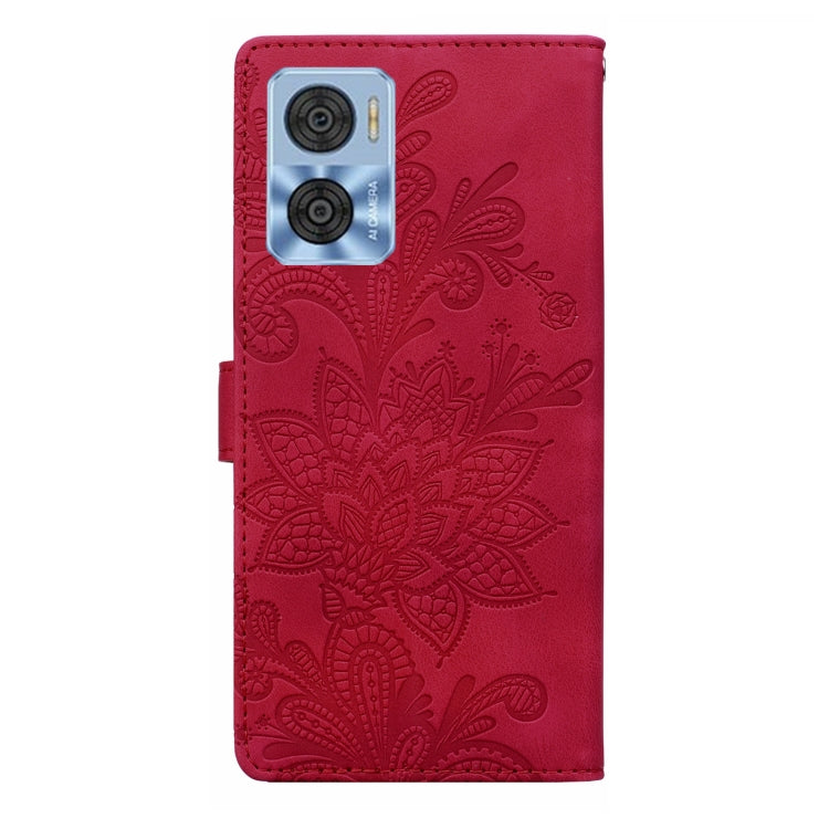 For Motorola Moto E22 / E22i Lace Floral Embossed Magnetic Buckle PU Phone Case With Wrist Strap
