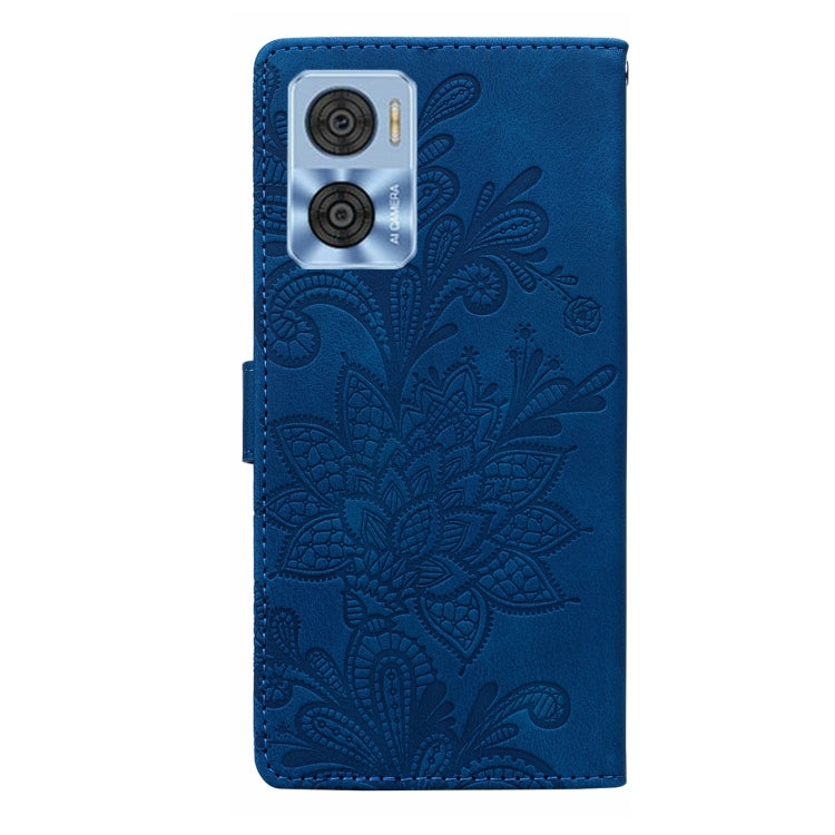 For Motorola Moto E22 / E22i Lace Floral Embossed Magnetic Buckle PU Phone Case With Wrist Strap