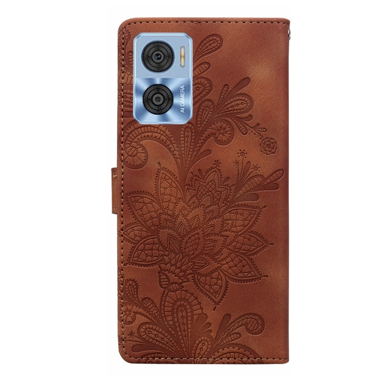 For Motorola Moto E22 / E22i Lace Floral Embossed Magnetic Buckle PU Phone Case With Wrist Strap
