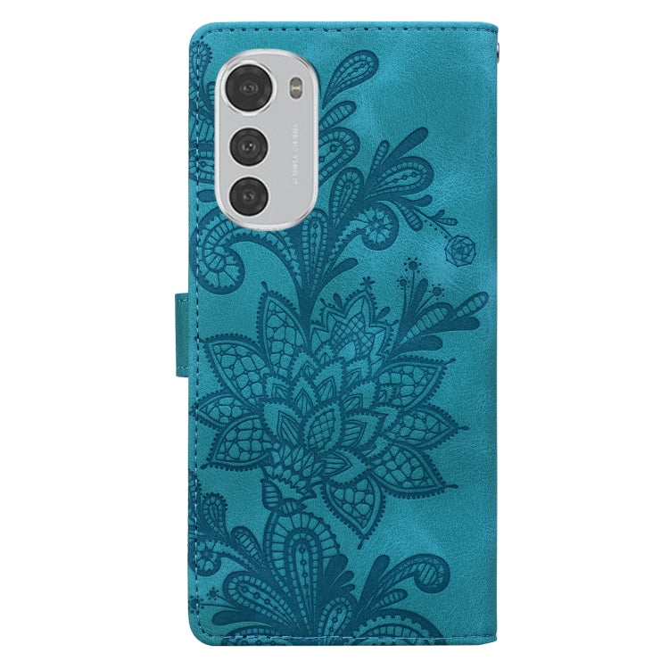 For Motorola Moto E32 4G / E32S Lace Floral Embossed Magnetic Buckle PU Phone Case With Wrist Strap