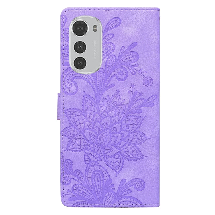For Motorola Moto E32 4G / E32S Lace Floral Embossed Magnetic Buckle PU Phone Case With Wrist Strap