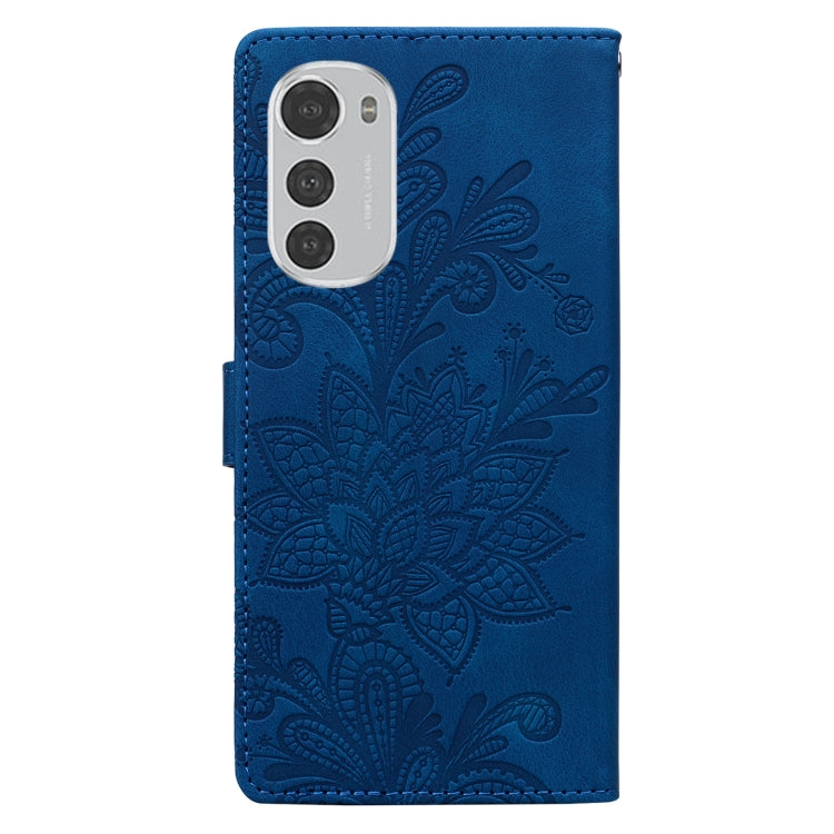 For Motorola Moto E32 4G / E32S Lace Floral Embossed Magnetic Buckle PU Phone Case With Wrist Strap