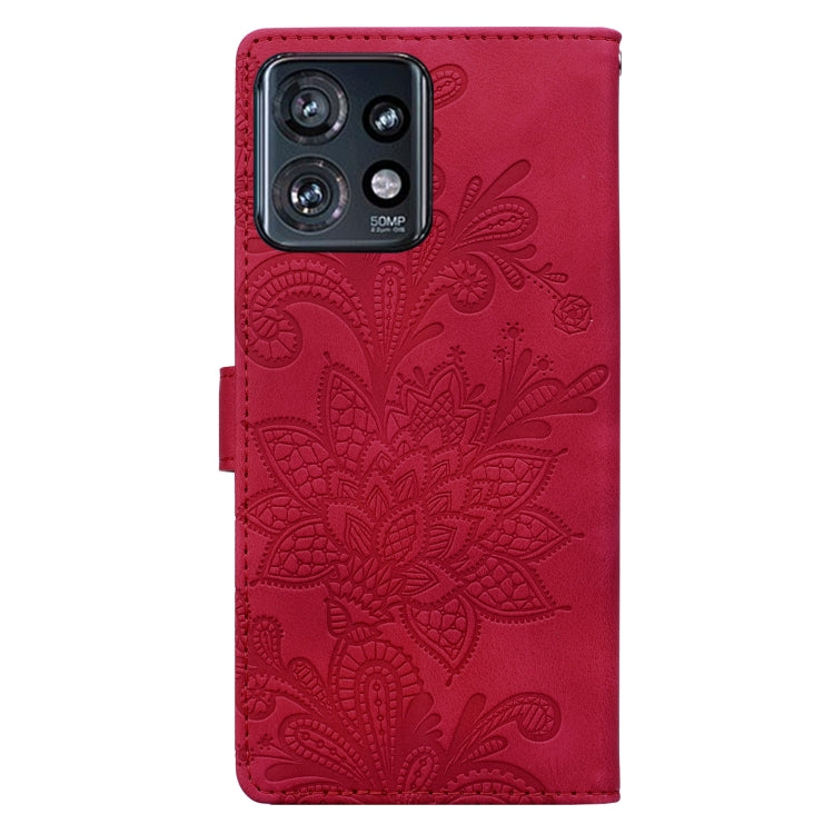 For Motorola Edge+ 2023 Lace Floral Embossed Magnetic Buckle PU Phone Case With Wrist Strap