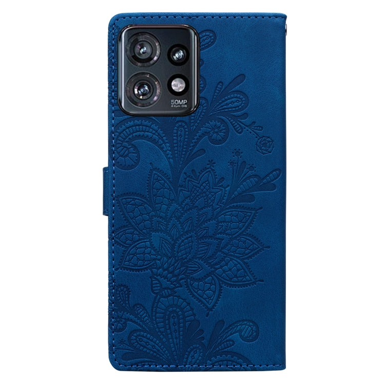 For Motorola Edge+ 2023 Lace Floral Embossed Magnetic Buckle PU Phone Case With Wrist Strap