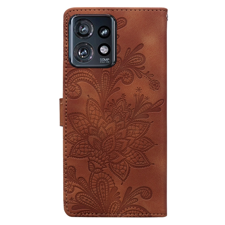 For Motorola Edge+ 2023 Lace Floral Embossed Magnetic Buckle PU Phone Case With Wrist Strap