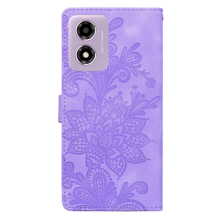 For Motorola Moto G Play 2024 Lace Floral Embossed Magnetic Buckle PU Phone Case With Wrist Strap