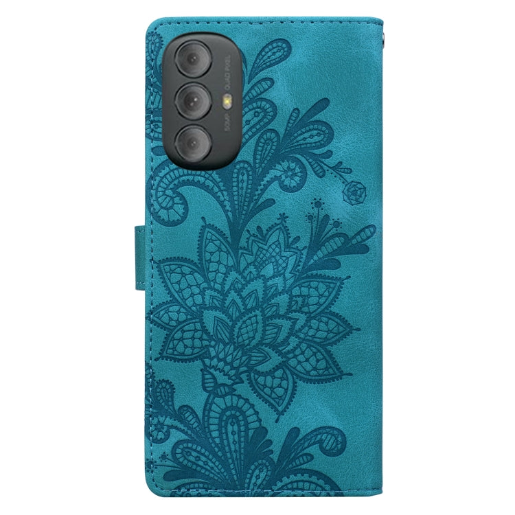 For Motorola Moto G Power 2022 Lace Floral Embossed Magnetic Buckle PU Phone Case With Wrist Strap