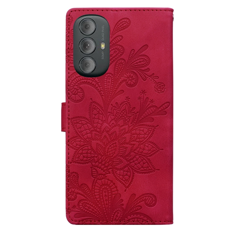 For Motorola Moto G Power 2022 Lace Floral Embossed Magnetic Buckle PU Phone Case With Wrist Strap