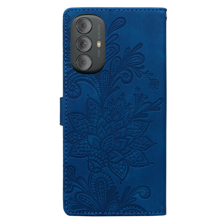 For Motorola Moto G Power 2022 Lace Floral Embossed Magnetic Buckle PU Phone Case With Wrist Strap