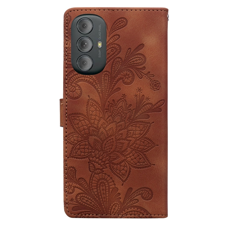 For Motorola Moto G Power 2022 Lace Floral Embossed Magnetic Buckle PU Phone Case With Wrist Strap
