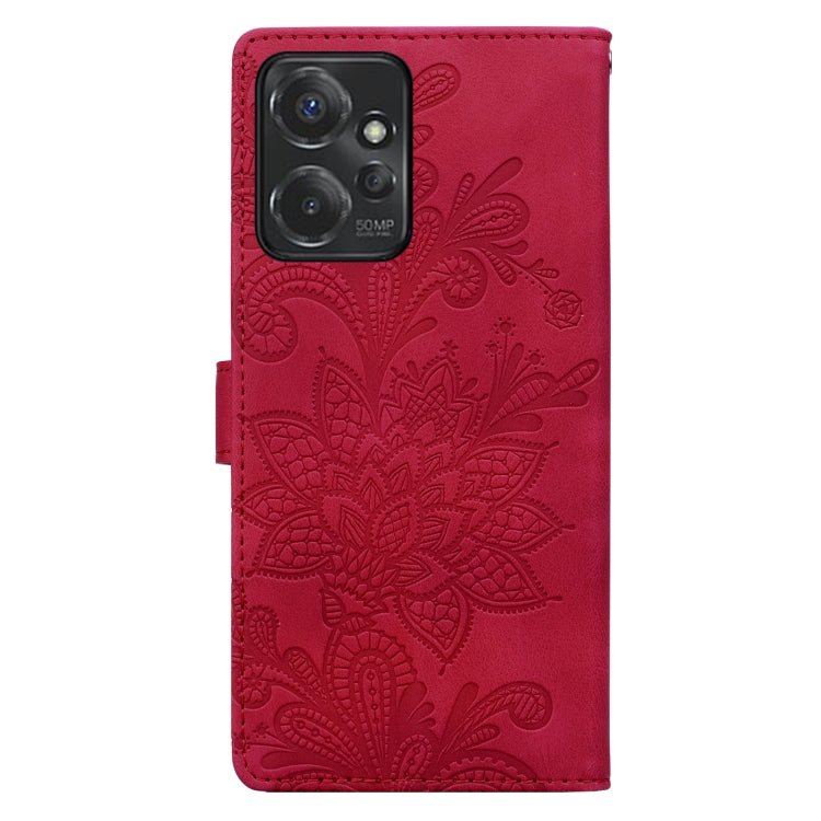 For Motorola Moto G Power 2023 Lace Floral Embossed Magnetic Buckle PU Phone Case With Wrist Strap