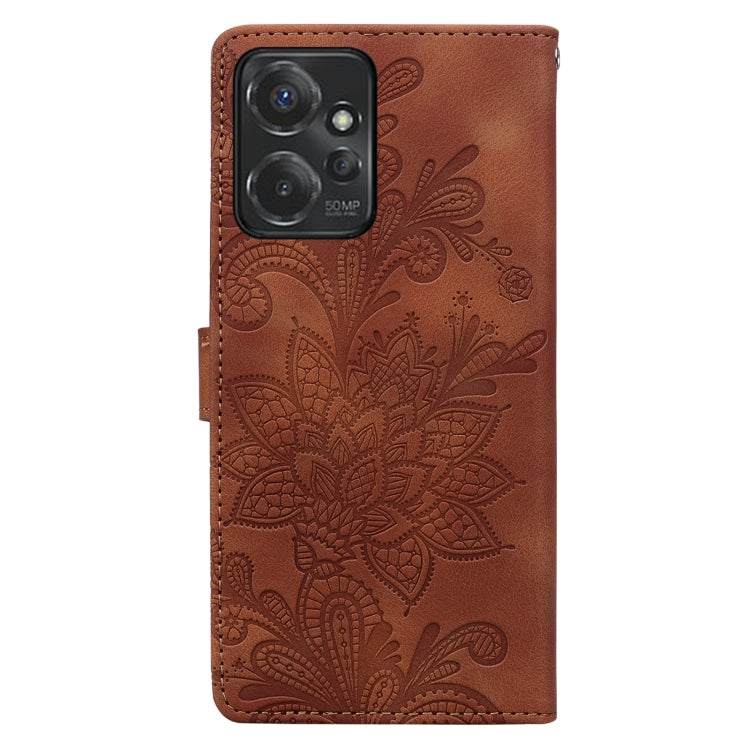For Motorola Moto G Power 2023 Lace Floral Embossed Magnetic Buckle PU Phone Case With Wrist Strap