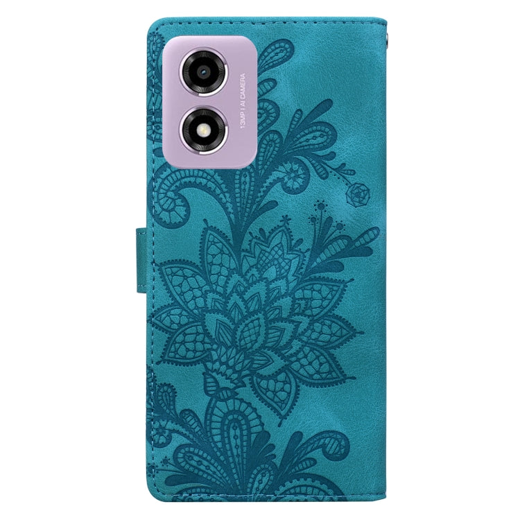 For Motorola Moto G04 / E14 / G24 Lace Floral Embossed Magnetic Buckle PU Phone Case With Wrist Strap