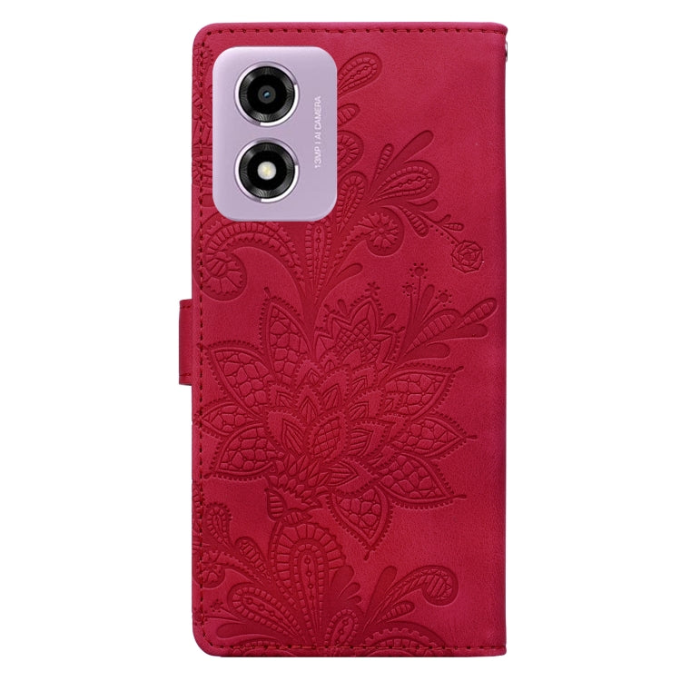 For Motorola Moto G04 / E14 / G24 Lace Floral Embossed Magnetic Buckle PU Phone Case With Wrist Strap