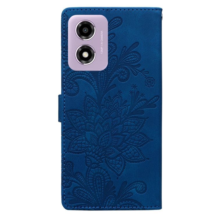 For Motorola Moto G04 / E14 / G24 Lace Floral Embossed Magnetic Buckle PU Phone Case With Wrist Strap