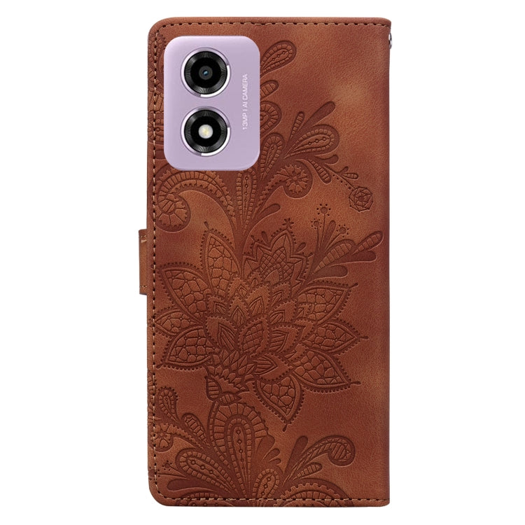 For Motorola Moto G04 / E14 / G24 Lace Floral Embossed Magnetic Buckle PU Phone Case With Wrist Strap