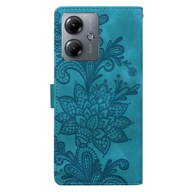 For Motorola Moto G14 Lace Floral Embossed Magnetic Buckle PU Phone Case With Wrist Strap