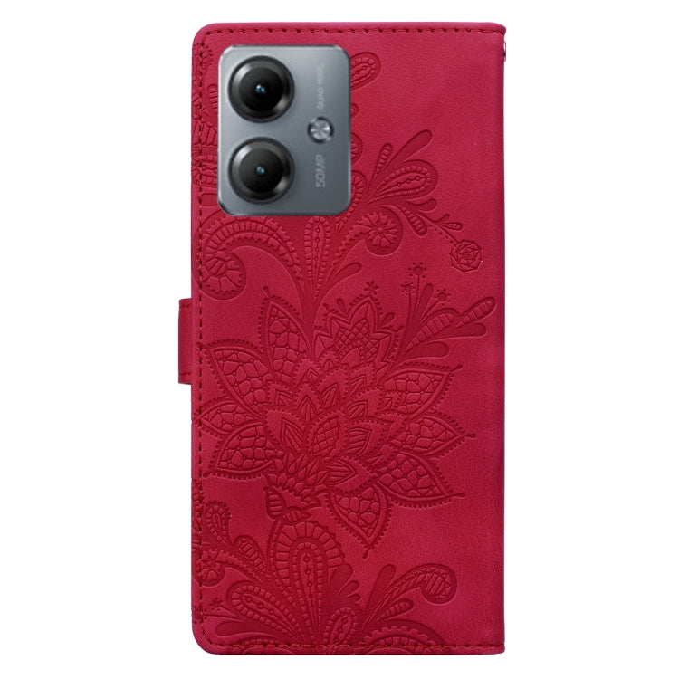 For Motorola Moto G14 Lace Floral Embossed Magnetic Buckle PU Phone Case With Wrist Strap