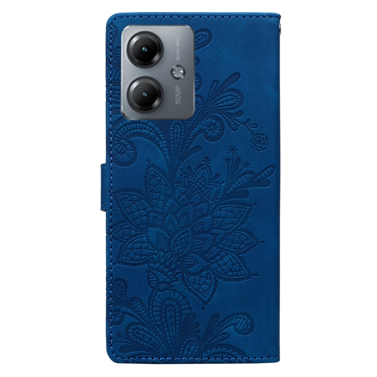 For Motorola Moto G14 Lace Floral Embossed Magnetic Buckle PU Phone Case With Wrist Strap