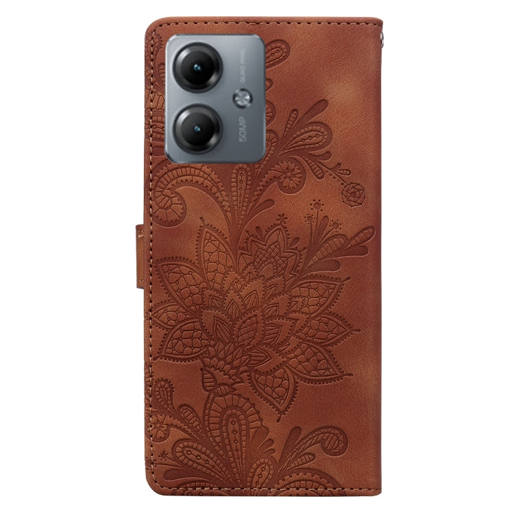 For Motorola Moto G14 Lace Floral Embossed Magnetic Buckle PU Phone Case With Wrist Strap