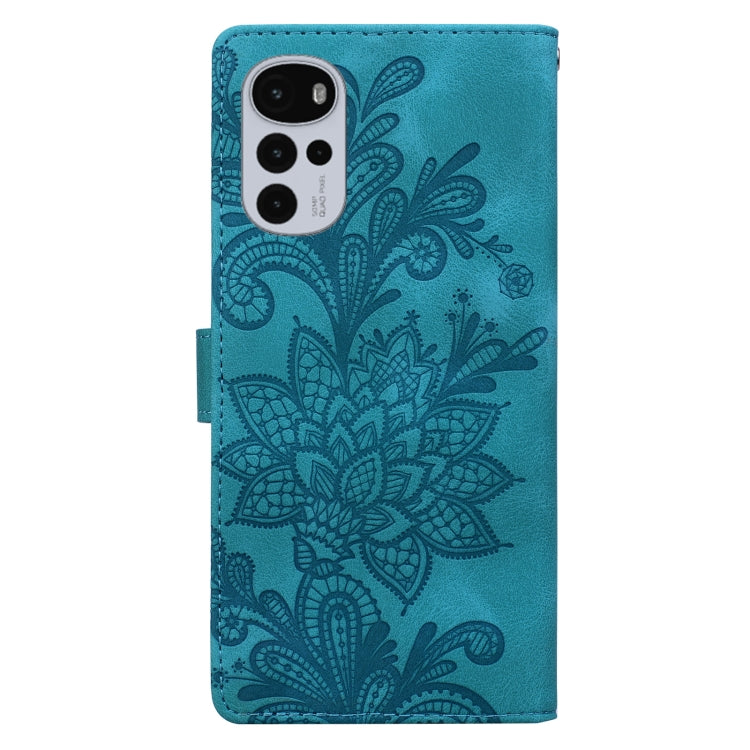For Motorola Moto G22 Lace Floral Embossed Magnetic Buckle PU Phone Case With Wrist Strap