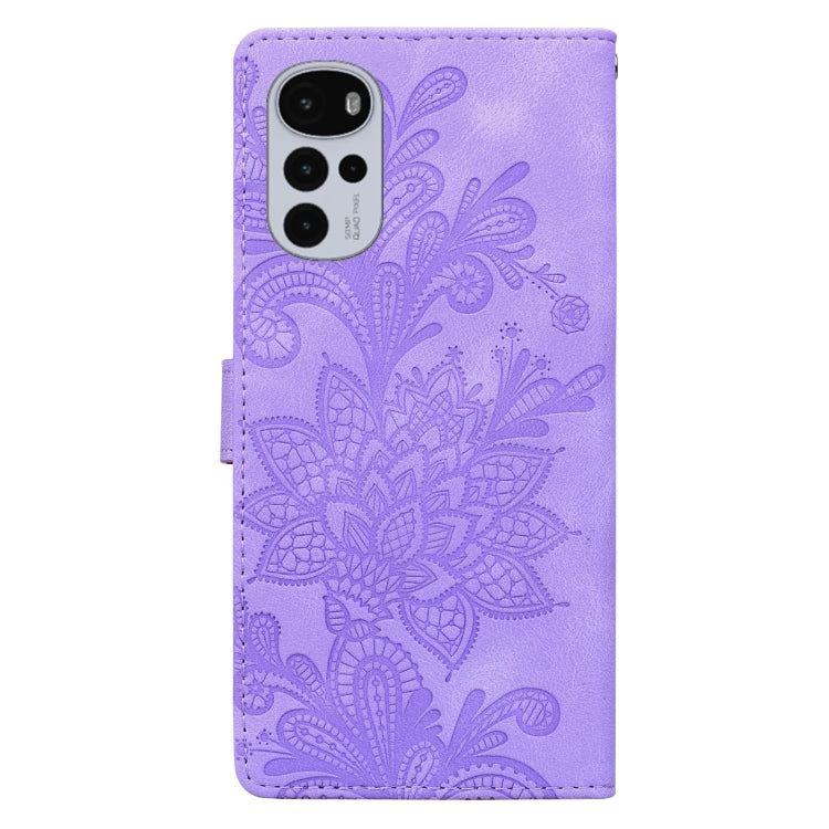 For Motorola Moto G22 Lace Floral Embossed Magnetic Buckle PU Phone Case With Wrist Strap