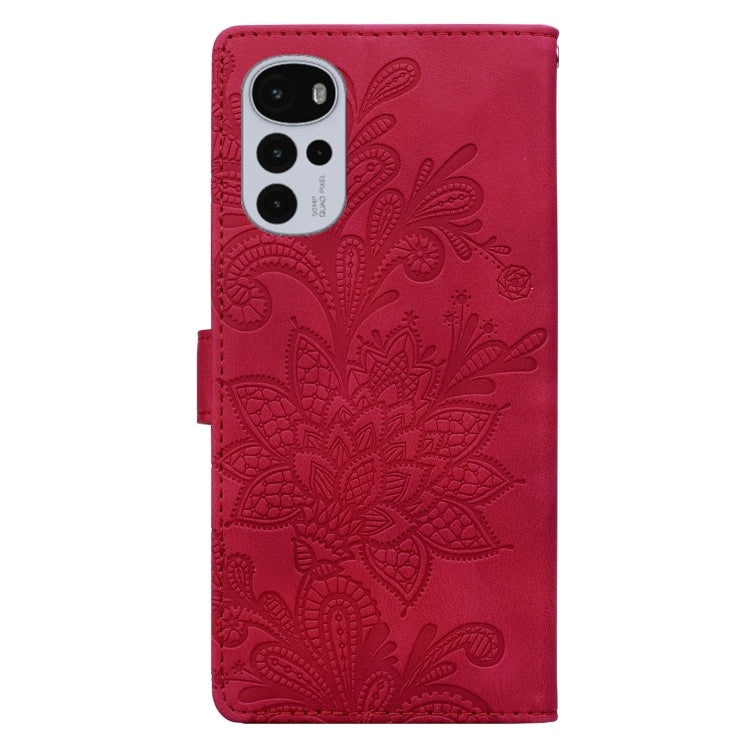 For Motorola Moto G22 Lace Floral Embossed Magnetic Buckle PU Phone Case With Wrist Strap