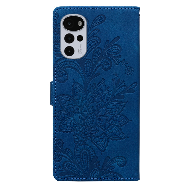 For Motorola Moto G22 Lace Floral Embossed Magnetic Buckle PU Phone Case With Wrist Strap