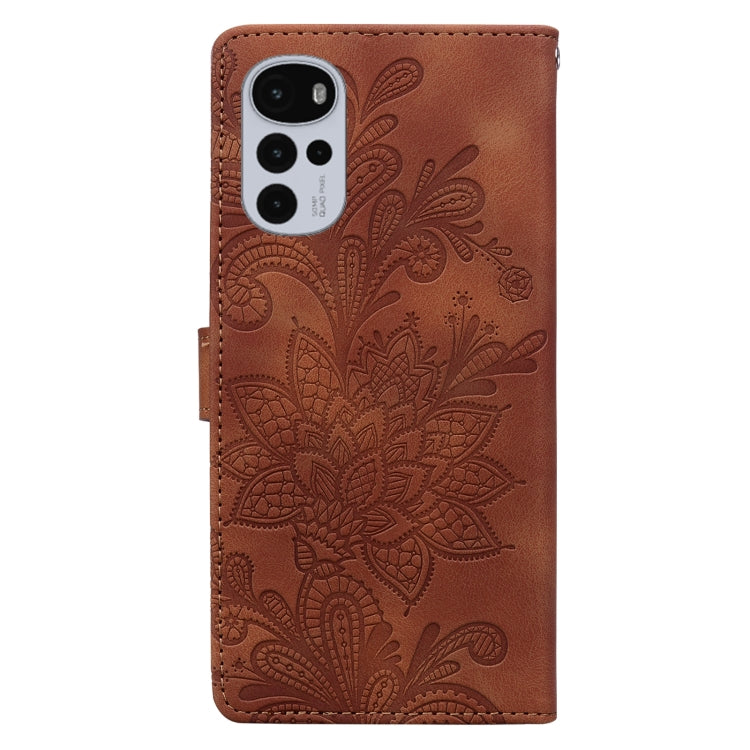 For Motorola Moto G22 Lace Floral Embossed Magnetic Buckle PU Phone Case With Wrist Strap