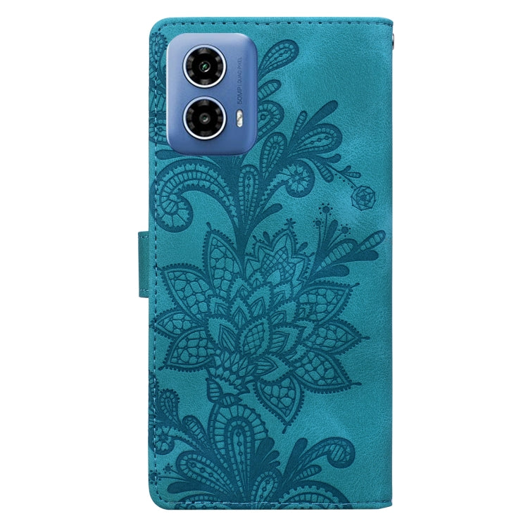 For Motorola Moto G24 Lace Floral Embossed Magnetic Buckle PU Phone Case With Wrist Strap