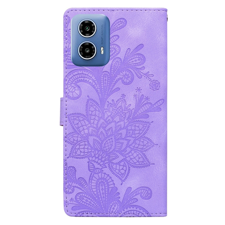 For Motorola Moto G24 Lace Floral Embossed Magnetic Buckle PU Phone Case With Wrist Strap