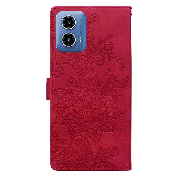 For Motorola Moto G24 Lace Floral Embossed Magnetic Buckle PU Phone Case With Wrist Strap