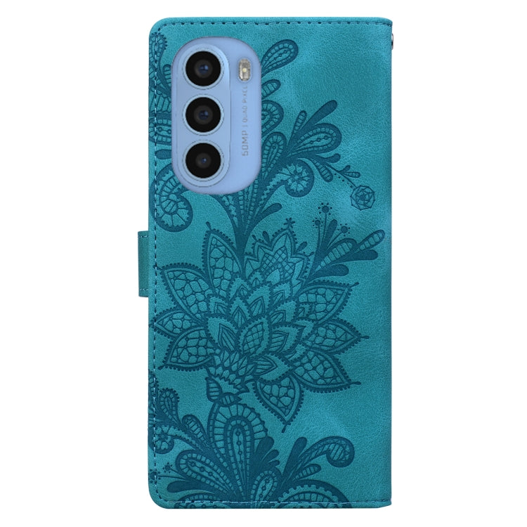 For Motorola Moto G31 Lace Floral Embossed Magnetic Buckle PU Phone Case With Wrist Strap