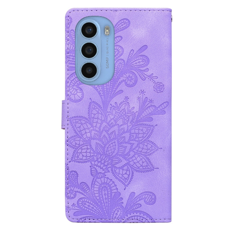 For Motorola Moto G31 Lace Floral Embossed Magnetic Buckle PU Phone Case With Wrist Strap