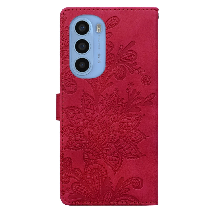 For Motorola Moto G31 Lace Floral Embossed Magnetic Buckle PU Phone Case With Wrist Strap