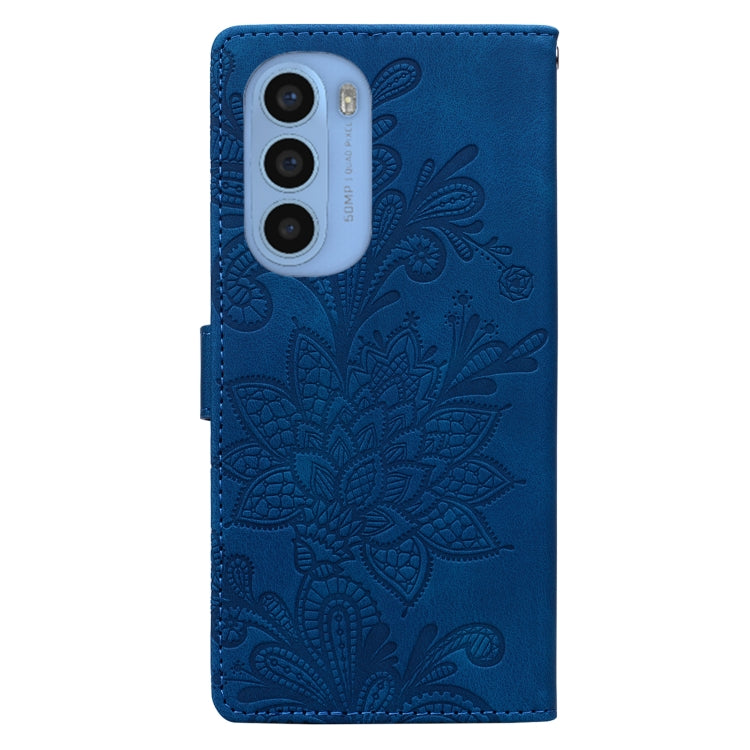 For Motorola Moto G31 Lace Floral Embossed Magnetic Buckle PU Phone Case With Wrist Strap