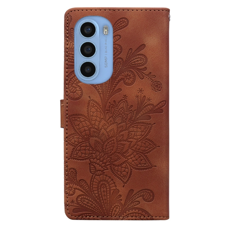 For Motorola Moto G31 Lace Floral Embossed Magnetic Buckle PU Phone Case With Wrist Strap